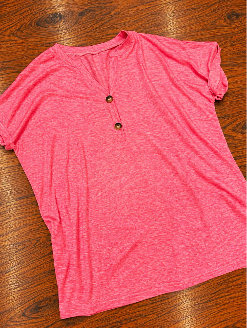 Women’s Y2K Pink Solid Knit Henley Top 3-Button Short Sleeve Size XL